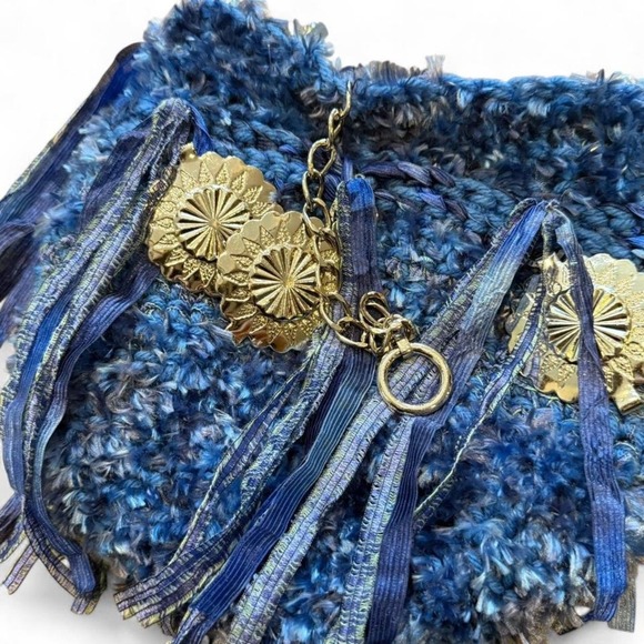 Whimsical Knit Purse | Enchanted Blue w/ Gold Accents Boho Ethereal Tassels - Picture 2 of 5